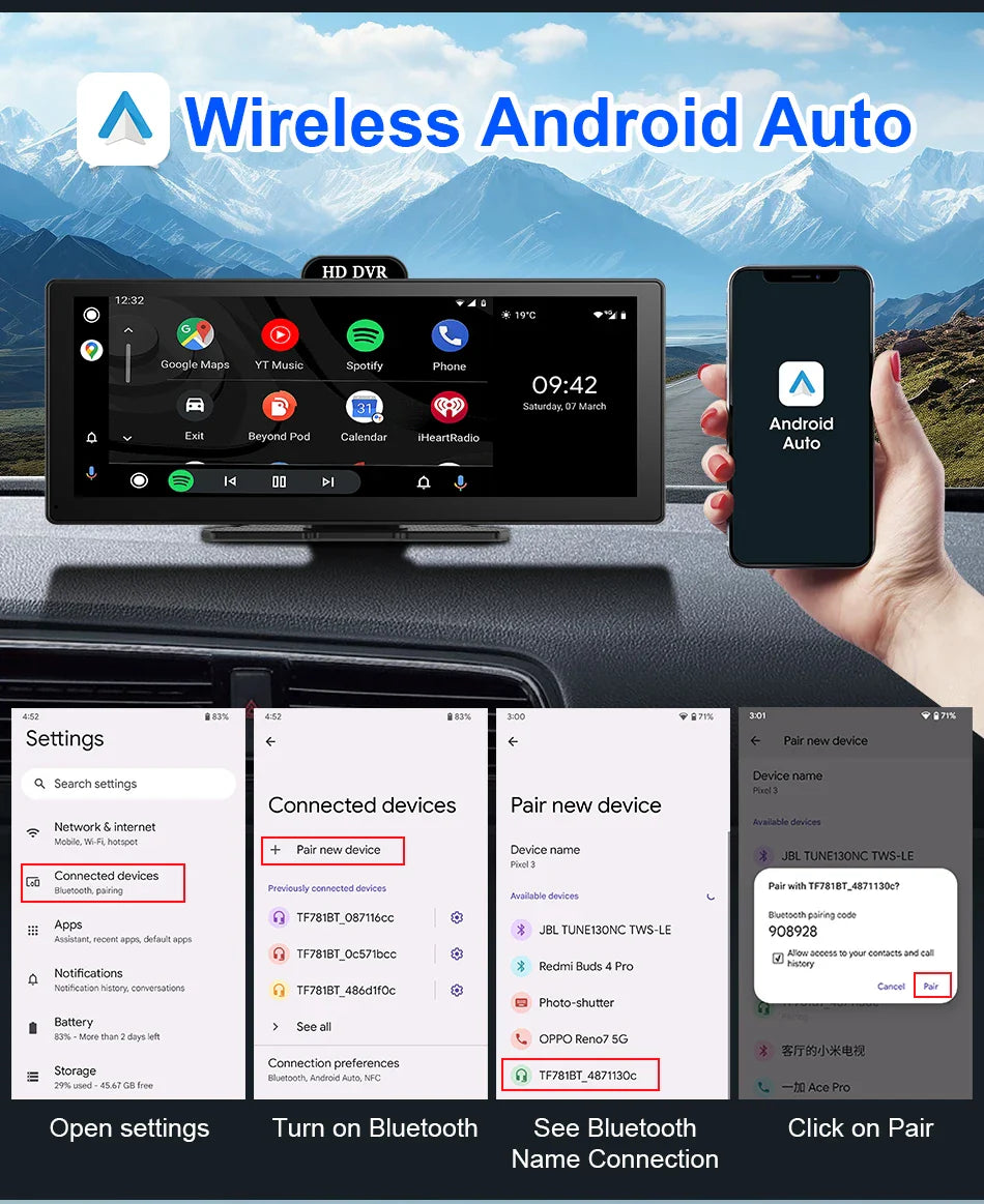 11.26 Inch 4K DVR Wireless CarPlay & Android Auto Dash Cam Bluetooth Audio GPS Navigation Dashboard Dual Lens Video Recorder